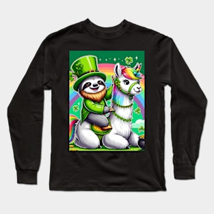 Leprechaun Sloth Riding Llama Unicorn St Patricks Day Long Sleeve T-Shirt